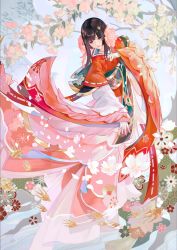 Rule 34 | 1girl, bird, black hair, brown eyes, cherry blossoms, criin (659503), eyebrows, flower, hair flower, hair ornament, highres, japanese clothes, kimono, long sleeves, obi, onmyoji, onmyouji, parted lips, petals, sakura (onmyoji), sash, sleeves past wrists, solo, standing, wide sleeves