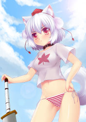 Rule 34 | 1girl, :&lt;, absurdres, alternate costume, animal ears, bikini, blush, cloud, collar, covered erect nipples, day, female focus, hand on own hip, hat, highres, inubashiri momiji, leaf, maple leaf, navel, panties, red eyes, shirt, short hair, side-tie panties, silver hair, sky, solo, striped clothes, striped panties, swimsuit, sword, t-shirt, tail, tokin hat, touhou, underwear, weapon, wolf ears, wolf tail, wolflong
