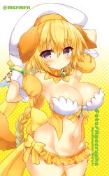 Rule 34 | 1girl, animal ears, arm behind head, artist name, bad id, bad pixiv id, beret, blonde hair, blush, bow, bracelet, braid, breasts, cleavage, closed mouth, collar, commentary request, copyright name, detached collar, detached sleeves, dog ears, dog girl, dog tail, fate/apocrypha, fate/grand order, fate (series), gloves, groin, hair between eyes, hat, jeanne d&#039;arc (april magical) (fate), jeanne d&#039;arc (fate), jeanne d&#039;arc (ruler) (fate), jewelry, kemonomimi mode, large breasts, looking at viewer, low ponytail, mashiro miru, microskirt, orange collar, orange skirt, orange thighhighs, pleated skirt, ponytail, puffy short sleeves, puffy sleeves, purple eyes, short sleeves, single braid, skirt, solo, tail, thighhighs, two-tone background, white gloves, white hat, yellow bow, yellow theme