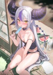 Rule 34 | 1girl, ahoge, bare shoulders, barefoot, blush, braid, braided bangs, breasts, collarbone, demon girl, demon horns, eating, food, grey hair, hair between eyes, highres, holding, holding food, holding popsicle, hololive, horns, ice cream, kanzarin, la+ darknesss, long hair, looking at viewer, multicolored hair, navel, open mouth, pointy ears, popsicle, purple hair, sitting, small breasts, solo, streaked hair, striped horns, tongue, tongue out, underwear, underwear only, very long hair, virtual youtuber, yellow eyes