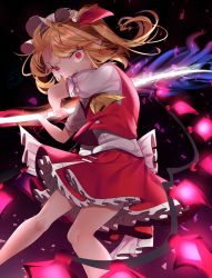 Rule 34 | 1girl, arms up, ascot, black background, blonde hair, commentary request, energy sword, fang, feet out of frame, flandre scarlet, gradient background, gunjou row, hat, hat ribbon, highres, laevatein, looking at viewer, mob cap, one side up, open mouth, petticoat, pointy ears, puffy short sleeves, puffy sleeves, purple background, red eyes, red skirt, red vest, ribbon, shards, shirt, short hair, short sleeves, skirt, slit pupils, solo, standing, sword, teeth, touhou, uneven eyes, upper teeth only, vest, weapon, white hat, white shirt, wings, yellow ascot