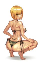 Rule 34 | 1girl, ass, back tattoo, bad id, bad pixiv id, bare legs, barefoot, bikini, blonde hair, blush, breasts, bright pupils, camouflage, camouflage bikini, dimples of venus, from behind, full body, green bikini, halterneck, hand on own hip, heart, heart tattoo, highres, jagaimo (kkamja), large breasts, looking back, open mouth, original, shiny skin, short hair, shoulder blades, side-tie bikini bottom, sideboob, simple background, solo, squatting, sweat, swimsuit, tattoo, tramp stamp, white background, yellow eyes