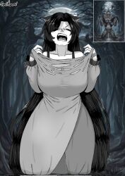 Rule 34 | 1girl, animal ears, bare tree, bra, dress, forest, full moon, greyscale, highres, imaizumi kagerou, kneeling, long hair, monochrome, moon, nature, omikami, puddle, reflection, torn clothes, touhou, tree, underwear, very long hair, werewolf, wolf ears, wolf girl