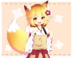 Rule 34 | 1girl, :d, absurdres, animal ear fluff, animal ears, blonde hair, commentary request, fang, flower, fox ears, fox girl, fox tail, hair flower, hair ornament, highres, japanese clothes, miko, open mouth, resolution mismatch, ribbon-trimmed sleeves, ribbon trim, senko (sewayaki kitsune no senko-san), sewayaki kitsune no senko-san, short hair, skin fang, smile, source smaller, tail, wide sleeves, yellow eyes, zendamu