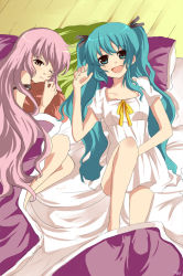 Rule 34 | 2girls, :d, aqua eyes, aqua hair, bad id, bad pixiv id, bare legs, bed sheet, blanket, blush, brown eyes, character name, hair ribbon, hatsune miku, legs, long hair, looking at viewer, lying, megurine luka, multiple girls, hugging object, on back, on side, one eye closed, open mouth, pillow, pillow hug, pink hair, ribbon, smile, strap, twintails, vocaloid, wink, yui (yuina14), yuina14