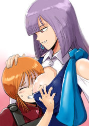 Rule 34 | 2girls, blunt bangs, grabbing another&#039;s breast, breast press, breasts, closed eyes, clothing cutout, earrings, elpeo puru, gacha-m, grabbing, grin, gundam, gundam zz, hand on another&#039;s head, jewelry, large breasts, long hair, multiple girls, orange hair, purple hair, red eyes, resolution mismatch, roux louka, shoulder cutout, sideboob, smile, source larger, sweatdrop, upper body, white background