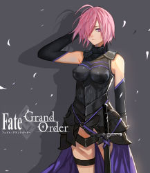 Rule 34 | 1girl, ahoge, arm at side, armor, armored dress, bad id, bad pixiv id, black panties, breasts, cape, closed mouth, copyright name, cowboy shot, fate/grand order, fate (series), gloves, grey background, hair over one eye, hand on own head, highres, looking at viewer, mash kyrielight, medium breasts, mizu (dl7613), one eye covered, panties, pink eyes, pink hair, shadow, short hair, sleeveless, solo, sword, thigh strap, underwear, waist cape, weapon