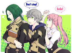 Rule 34 | 1girl, 2boys, ashe ubert, bad id, bad twitter id, belt, book, hugging book, closed eyes, closed mouth, fire emblem, fire emblem: three houses, from side, garreg mach monastery uniform, green eyes, green hair, grey hair, hilda valentine goneril, holding, holding book, hood, hood down, hugging object, linhardt von hevring, long hair, long sleeves, matching hair/eyes, multiple boys, nintendo, open mouth, pink eyes, pink hair, short hair, totototope, twintails, uniform, upper body