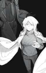 Rule 34 | 1girl, 1other, closed mouth, coat, coat on shoulders, collared shirt, dante (limbus company), faust (project moon), gloves, greyscale, hand up, highres, ivy (675671), limbus company, long sleeves, monochrome, necktie, pants, project moon, ribbed sweater, shirt, short hair, simple background, sweater