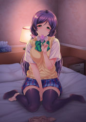 Rule 34 | 10s, 1girl, bed sheet, between legs, black socks, black thighhighs, blanket, blue skirt, blush, bow, bowtie, breasts, breasts squeezed together, collared shirt, condom, condom in mouth, desk, desk lamp, drawer, green bow, green bowtie, green eyes, hand between legs, head tilt, highres, index finger raised, indoors, kneehighs, lamp, lampshade, long hair, looking at viewer, love live!, love live! school idol project, low-tied long hair, medium breasts, money, mouth hold, on bed, panties, panties around leg, panty pull, pillow, pink panties, plaid, plaid skirt, pleated skirt, prostitution, purple hair, pussy juice, rokko, scrunchie, shirt, short sleeves, sitting, skirt, socks, solo, sweater vest, thighhighs, tissue, tissue box, tojo nozomi, twintails, underwear, wariza, white shirt, zettai ryouiki