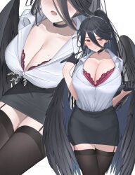 Rule 34 | 1girl, alternate costume, black choker, black garter straps, black gloves, black hair, black skirt, black thighhighs, blue archive, blush, bra, breasts, buttons, choker, cleavage, closed mouth, collarbone, collared shirt, commentary request, garter straps, gloves, hair between eyes, hasumi (blue archive), highres, holding, large breasts, long hair, looking at viewer, low wings, mole, mole under eye, multiple views, office lady, open mouth, pencil skirt, ponytail, purple bra, shirt, shirt tucked in, shougun (chuckni1), skirt, solo, sweat, thigh gap, thighhighs, thighs, underwear, white background, white shirt, wings