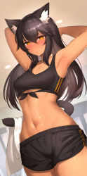 Rule 34 | 1girl, :o, puff of air, absurdres, animal ear fluff, animal ears, armpits, arms behind head, arms up, black hair, black shorts, blush, breasts, commentary, cowboy shot, dark-skinned female, dark skin, hair between eyes, highres, holding, holding with tail, indoors, long hair, looking at viewer, mathew (srmmk mce), medium breasts, navel, orange eyes, original, parted lips, prehensile tail, short shorts, shorts, solo, sports bra, standing, stomach, sweat, symbol-only commentary, tail, towel, white towel