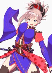 Rule 34 | 1girl, blue eyes, cowboy shot, earrings, fate/grand order, fate (series), hair between eyes, highres, holding, holding sword, holding weapon, japanese clothes, jewelry, kimono, kuroshiro (ms-2420), leaf print, maple leaf print, miyamoto musashi (fate), miyamoto musashi (third ascension) (fate), navel, open mouth, sheath, sheathed, simple background, smile, solo, standing, sword, thighhighs, thighs, weapon, white background