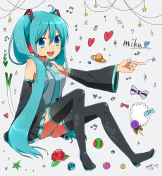 Rule 34 | 1girl, ai kusunoki, aqua eyes, aqua hair, bad id, bad pixiv id, boots, detached sleeves, hatsune miku, headset, long hair, musical note, necktie, open mouth, panties, pantyshot, pointing, skirt, solo, spring onion, striped clothes, striped panties, thigh boots, thighhighs, twintails, underwear, upskirt, very long hair, vocaloid
