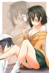 Rule 34 | 10s, 1boy, 1girl, absurdres, admiral (kancolle), bare shoulders, black hair, blush, breasts, brown hair, cleavage, commentary request, covering privates, covering crotch, green eyes, hat, highres, hiryuu (kancolle), kantai collection, large breasts, leg worship, off shoulder, one eye closed, open mouth, revision, saku (kudrove), short hair, skirt, zoom layer