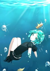 Rule 34 | 1other, :o, absurdres, amputee, aqua eyes, aqua hair, black footwear, bubble, colored skin, crown, double amputee, full body, gem uniform (houseki no kuni), high heels, highres, houseki no kuni, legs together, light rays, looking at viewer, misora deco, other focus, phosphophyllite, puffy short sleeves, puffy sleeves, short hair, short sleeves, solo, sparkle, triangle mouth, underwater, white skin