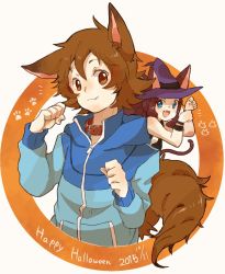 Rule 34 | 1boy, 1girl, :d, animal ears, aoya (ayoyame18), blue eyes, blue jacket, brown eyes, brown hair, closed mouth, collar, commentary request, creatures (company), fang, fang out, game freak, hair between eyes, hands up, hat, highres, hilbert (pokemon), hilda (pokemon), jacket, long sleeves, nintendo, open mouth, paw pose, pokemon, pokemon bw, purple headwear, sidelocks, smile, tail, tongue, witch hat, wristband