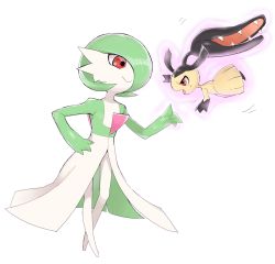 Rule 34 | 2girls, angry, arms up, black hair, black skin, blunt bangs, bob cut, closed mouth, colored skin, creatures (company), enden (pixiv 57969220), extra mouth, eye contact, female focus, flat chest, floating, from side, full body, game freak, gardevoir, gen 3 pokemon, green hair, green skin, hair over one eye, hand on own hip, hand up, happy, highres, index finger raised, long hair, looking at another, mawile, multicolored skin, multiple girls, nintendo, open mouth, pokemon, pokemon (creature), purple outline, sharp teeth, short hair, simple background, smile, standing, sweat, teeth, telekinesis, two-tone skin, very long hair, white background, white skin, yellow skin