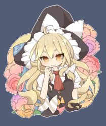 Rule 34 | 1girl, antenna hair, blonde hair, blush, bow, braid, cropped torso, flower, hat, kirisame marisa, long hair, looking at viewer, outline, puffy sleeves, purple background, shirt, simple background, smile, solo, striped, touhou, upper body, vertical stripes, white outline, witch hat, yaco (nuitnotte), yellow eyes
