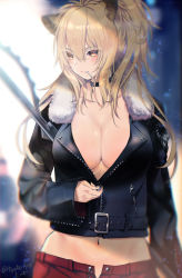 Rule 34 | 1girl, animal ears, arknights, black choker, black jacket, blonde hair, breasts, brown eyes, choker, cleavage, collarbone, commentary request, fur-trimmed jacket, fur trim, hair between eyes, jacket, large breasts, lion ears, long hair, long sleeves, looking at viewer, midriff, mouth hold, navel, open fly, siege (arknights), solo, tooka, upper body
