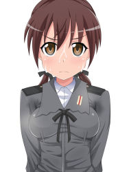 Rule 34 | 1girl, armpits, arms at sides, black ribbon, breasts, brown hair, collared shirt, frown, gertrud barkhorn, hair between eyes, hair ribbon, kumaman6, looking at viewer, military, military uniform, ribbon, shirt, simple background, small breasts, strike witches, sweat, sweaty clothes, twintails, uniform, white background, world witches series