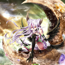 Rule 34 | &gt;:), 1girl, armor, asymmetrical horns, bad id, bad pixiv id, bare shoulders, black wings, breasts, character request, claws, cleavage, closed mouth, crescent, detached sleeves, dress, feathered wings, full body, greaves, hair between eyes, horns, light purple hair, long hair, looking at viewer, lord of vermilion iii, medium breasts, multiple wings, on crescent, red eyes, short dress, sitting, smile, solo, talons, thighhighs, v-shaped eyebrows, very long hair, white dress, wings, yue (lov n n)