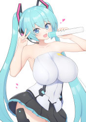 Rule 34 | 1girl, alternate breast size, bare shoulders, black skirt, blue eyes, blue hair, blue nails, blush, breasts, collarbone, covered navel, frame arms girl, hatsune miku, head tilt, headset, heart, highres, holding, holding microphone, large breasts, looking at viewer, microphone, nail polish, skirt, subten, twintails, v, vocaloid