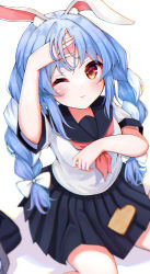 Rule 34 | 1girl, absurdres, animal ear fluff, animal ears, arm up, black sailor collar, black skirt, blue hair, blush, bow, bread slice, closed mouth, commentary request, drill hair, food, hair bow, hand up, highres, hololive, kohe billialot, long hair, looking at viewer, multicolored hair, neckerchief, one eye closed, pleated skirt, rabbit ears, red eyes, red neckerchief, sailor collar, school uniform, serafuku, shirt, short eyebrows, short sleeves, simple background, sitting, skirt, solo, thick eyebrows, toast, twin drills, twintails, two-tone hair, usada pekora, virtual youtuber, white background, white bow, white hair, white shirt