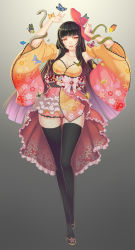Rule 34 | 1girl, arms up, black hair, black thighhighs, bow, breasts, bug, butterfly, cherry blossoms, cleavage, gradient hair, hair bow, highres, insect, japanese clothes, kimono, large breasts, long hair, lucknight, multicolored hair, obi, original, panties, pink hair, red eyes, sandals, sash, short kimono, snake, solo, thigh gap, thighhighs, underwear, wide hips