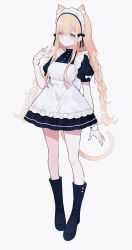 Rule 34 | 1girl, :|, absurdres, animal ear fluff, animal ears, apron, asymmetrical bangs, black footwear, blonde hair, blue eyes, boots, braid, breasts, buttons, cat ears, cat tail, closed mouth, commentary, expressionless, eyes visible through hair, full body, grey background, hand up, highres, long hair, looking at viewer, maid, maid apron, maid headdress, medium breasts, original, puffy sleeves, sidelocks, simple background, solo, standing, tail, ting (tingiiio), twin braids, wrist cuffs