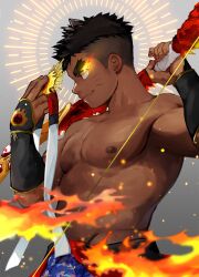 1boy ainu_clothes black_hair bow_(weapon) closed_mouth commentary_request dark-skinned_male dark_skin fire highres holding holding_bow_(weapon) holding_weapon light_rays male_focus nipples profile red_eyes smile tass_commuovere teda_(housamo) tokyo_houkago_summoners topless_male weapon