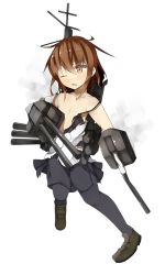 Rule 34 | &gt;;o, 10s, 1girl, black pantyhose, black skirt, blazer, brown hair, collarbone, damaged, flat chest, full body, gradient background, jacket, kantai collection, loafers, long sleeves, looking away, machinery, necktie, official art, one eye closed, open mouth, orange eyes, pantyhose, pleated skirt, shirt, shoes, short hair, skirt, solo, torn clothes, torn shirt, transparent background, turret, v-shaped eyebrows, wakaba (kancolle), yadokari (migihashi)