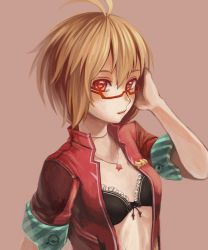 Rule 34 | 1girl, absurdres, ahoge, bad id, bad pixiv id, black bra, blonde hair, bra, closed mouth, frilled bra, frills, glasses, hand in own hair, hand on own head, highres, jacket, jewelry, konya (chocolate palette), looking at viewer, ol blink (pso2), open clothes, open jacket, original, pendant, phantasy star, phantasy star online 2, red-framed eyewear, red background, red eyes, semi-rimless eyewear, short hair, simple background, sleeves rolled up, solo, star (symbol), striped, striped sleeves, under-rim eyewear, underwear, upper body