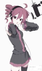 Rule 34 | 1girl, ahoge, black shirt, black skirt, black thighhighs, buttons, cable, cowboy shot, detached sleeves, drill hair, hands on headphones, hands up, headphones, highres, kasane teto, light blush, microphone, open mouth, pink nails, pleated skirt, raised eyebrows, red eyes, red hair, shikaiq, shirt, simple background, skirt, sleeveless, sleeveless shirt, solo, studio microphone, thighhighs, twin drills, utau, white background