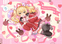 Rule 34 | 1girl, ahoge, black thighhighs, blonde hair, blue archive, blush, box, full body, gift, gift box, happy valentine, heart, holding, holding gift, hood, hood down, hooded jacket, jacket, long hair, long sleeves, open mouth, pink skirt, pleated skirt, red jacket, sakuro, shoes, skirt, solo, thighhighs, twintails, valentine, yellow eyes, yoshimi (blue archive)
