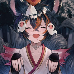 Rule 34 | 1girl, :d, ^ ^, absurdres, animal ears, arm guards, betabeet, black hair, black nails, brown eyes, closed eyes, collarbone, erune, facing viewer, fangs, ghost, ghost pose, granblue fantasy, hair between eyes, hands up, highres, japanese clothes, kimono, multicolored hair, nail polish, open mouth, short hair, smile, snow, solo, streaked hair, tail, tail raised, tree, triangular headpiece, upper body, white kimono, you (granblue fantasy)