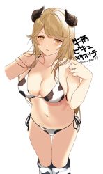 1girl alternate_costume animal_print arknights bad_id bad_twitter_id bikini blonde_hair breasts collarbone cow_print cropped_arms feet_out_of_frame hand_up highres horns kanengomi large_breasts long_hair looking_at_viewer meteorite_(arknights) navel open_mouth parted_lips side-tie_bikini_bottom stomach swimsuit thighs twitter_username very_long_hair white_background white_bikini white_legwear yellow_eyes