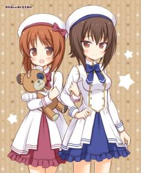 Rule 34 | 10s, 2girls, aged down, arm grab, bandages, beret, blush, boko (girls und panzer), bow, brown eyes, brown hair, cast, cowboy shot, dress, girls und panzer, hat, holding, kaiware-san, looking at viewer, multiple girls, nishizumi maho, nishizumi miho, open mouth, petticoat, school uniform, short hair, siblings, sisters, smile, standing, star (symbol), starry background, stuffed animal, stuffed toy, teddy bear, twitter username, white dress