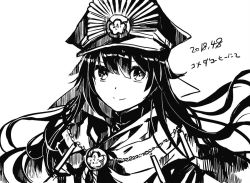 Rule 34 | 1girl, cape, chain, closed mouth, dated, fate (series), greyscale, hat, koha-ace, long hair, looking at viewer, monochrome, oda nobunaga (fate), oda nobunaga (koha-ace), peaked cap, rioka (southern blue sky), simple background, smile, solo, upper body, white background