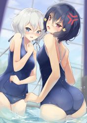 Rule 34 | 2girls, absurdres, anger vein, ass, bad id, bad pixiv id, bare arms, bare shoulders, black hair, blue eyes, blue one-piece swimsuit, blue sky, blurry, blurry background, blush, breasts, commentary request, competition school swimsuit, cowboy shot, day, from behind, grey ribbon, hair between eyes, hair ribbon, hand up, head tilt, highres, igayan, indoors, konno junko, long hair, looking at viewer, looking back, low twintails, medium breasts, mizuno ai, multiple girls, nose blush, one-piece swimsuit, open mouth, parted lips, red eyes, ribbon, school swimsuit, short hair, silver hair, sky, standing, swimsuit, thighs, twintails, v-shaped eyebrows, wading, water, water drop, window, zombie land saga
