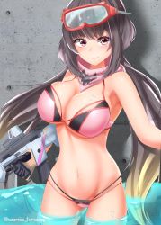 Rule 34 | 1girl, amamiya kure, bare shoulders, bikini, blush, breasts, brown hair, cleavage, closed mouth, fate/grand order, fate (series), goggles, goggles on head, gun, highres, large breasts, long hair, looking at viewer, navel, osakabehime (fate), osakabehime (swimsuit archer) (fate), osakabehime (swimsuit archer) (second ascension) (fate), pink bikini, pink scarf, purple eyes, scarf, ski goggles, smile, swimsuit, twintails, weapon