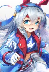 Rule 34 | 1girl, animal ears, blue eyes, blue jacket, clenched hands, crop top, fangs, fingerless gloves, gloves, grey hair, hair between eyes, hairband, headband, highres, horse ears, horse girl, horse tail, jacket, lightning bolt symbol, long hair, looking at viewer, midriff, navel, nihudau, open clothes, open jacket, open mouth, pants, smile, solo, tail, tamamo cross (umamusume), umamusume, upper body, v-shaped eyebrows, white gloves, white pants