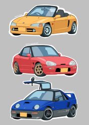 Rule 34 | absurdres, autozam az-1, car, commentary, convertible, english commentary, grey background, gullwing doors, highres, honda, honda beat, motor vehicle, no humans, original, simple background, spoiler (automobile), suzuki (company), suzuki cappuccino, vee (427deer), vehicle focus, vehicle name