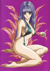 Rule 34 | 1980s (style), absurdres, arm support, blue hair, breasts, cleavage, fingernails, highres, lipstick, long hair, makeup, mon-mon (miyazaki kenjin), official art, retro artstyle, retro artstyle, sitting, slingshot swimsuit, swimsuit, very long hair, yellow eyes