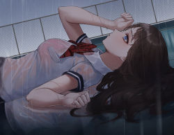 Rule 34 | 1girl, ame 816, black hair, blue eyes, bra, breasts, chain-link fence, collared shirt, fence, large breasts, long hair, lying, on back, original, outdoors, pink bra, rain, reflection, reflective water, school, school uniform, see-through, shirt, short sleeves, solo, underwear, uniform, wet, wet clothes, white shirt