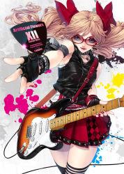 Rule 34 | 1girl, artist name, asymmetrical legwear, black gloves, black thighhighs, blue eyes, bow, bracelet, breasts, brown hair, collar, electric guitar, fender stratocaster, fingerless gloves, fingernails, glasses, gloves, guitar, hair bow, highres, instrument, jewelry, kunishige keiichi, long hair, looking at viewer, nail polish, necklace, original, pleated skirt, red bow, red skirt, skirt, solo, striped clothes, striped thighhighs, thighhighs, twintails, uneven legwear, zettai ryouiki