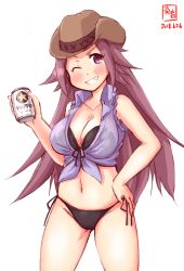 Rule 34 | 1girl, artist logo, beer can, bikini, black bikini, blush, breasts, can, cleavage, commentary request, cowboy hat, cowboy shot, dated, drink can, front-tie top, grin, hand on own hip, hat, highres, holding, holding can, jun&#039;you (kancolle), kanon (kurogane knights), kantai collection, large breasts, long hair, looking at viewer, navel, one eye closed, purple eyes, purple hair, purple shirt, shirt, side ponytail, simple background, smile, solo, spiked hair, standing, swimsuit, tied shirt, white background