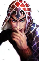 Rule 34 | 1boy, argyle, argyle clothes, argyle sweater, black eyes, black hair, covering own mouth, guido mista, hand on own face, hat, highres, jojo no kimyou na bouken, looking at viewer, male focus, sano (hospital 0434), solo, sweater, vento aureo, wiping nose