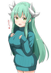 Rule 34 | 1girl, :d, absurdres, aikawa ryou, blue sweater, blush, breasts, brown eyes, commentary request, cowboy shot, dragon horns, fate/grand order, fate (series), green hair, hair between eyes, hands on own chest, hands up, highres, horns, kiyohime (fate), long hair, long sleeves, looking at viewer, medium breasts, open mouth, ribbed sweater, sidelocks, simple background, sleeves past wrists, smile, solo, sweater, translation request, very long hair, white background