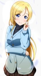 Rule 34 | 10s, 1girl, alternate hairstyle, ayase eli, blonde hair, blue eyes, blush, casual, heart, highres, igashiko, jewelry, long hair, love live!, love live! school idol festival, love live! school idol project, necklace, skirt, smile, solo, sweater, turtleneck